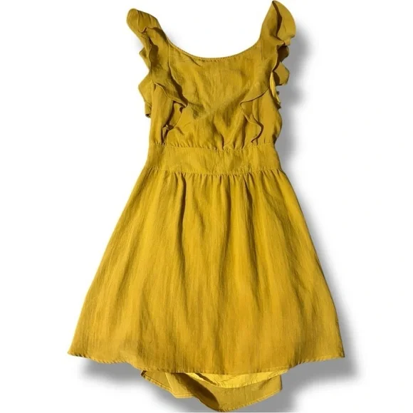 Ivy Chic Mustard Ruffle Sleeves Gathered Waist Cutout Tie Back Mini Dress - Picture 14 of 16